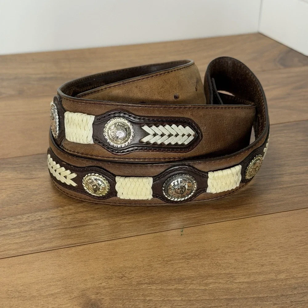 Justin 44 Belt Western Cowboy Concho Rawhide Stitch Two Tone Rodeo *No Buckle*